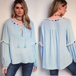 𝅺NWT, Blue Peasant Top with Pompoms, 1 S, 1…